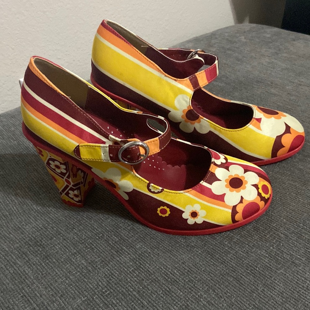 Floral Striped Heels - Red and Yellow
